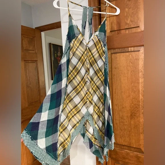 navy blue dress for baby girl Maeve Sleeveless Asymmetric Plaid Mix Midi Dress main image 1